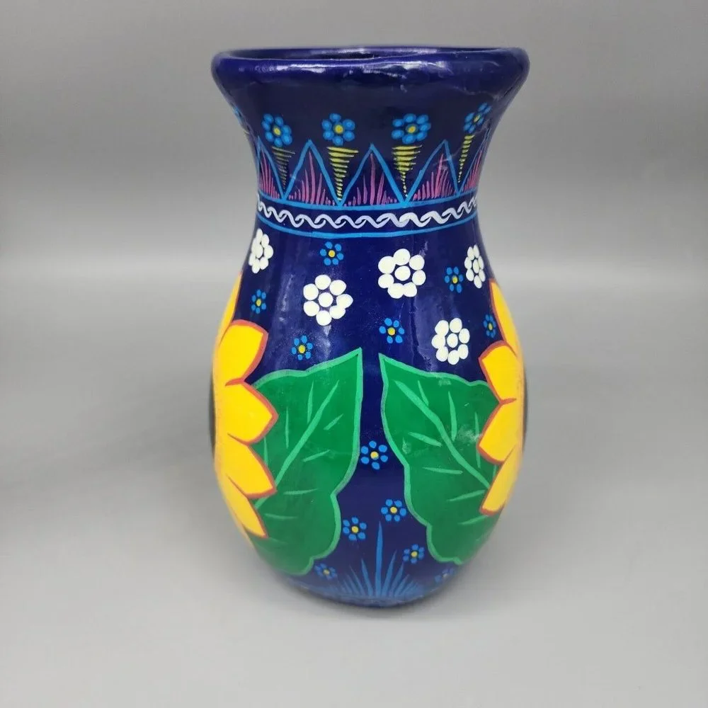 Hand-Painted Sunflower Ceramic Vase - Blue and Yellow